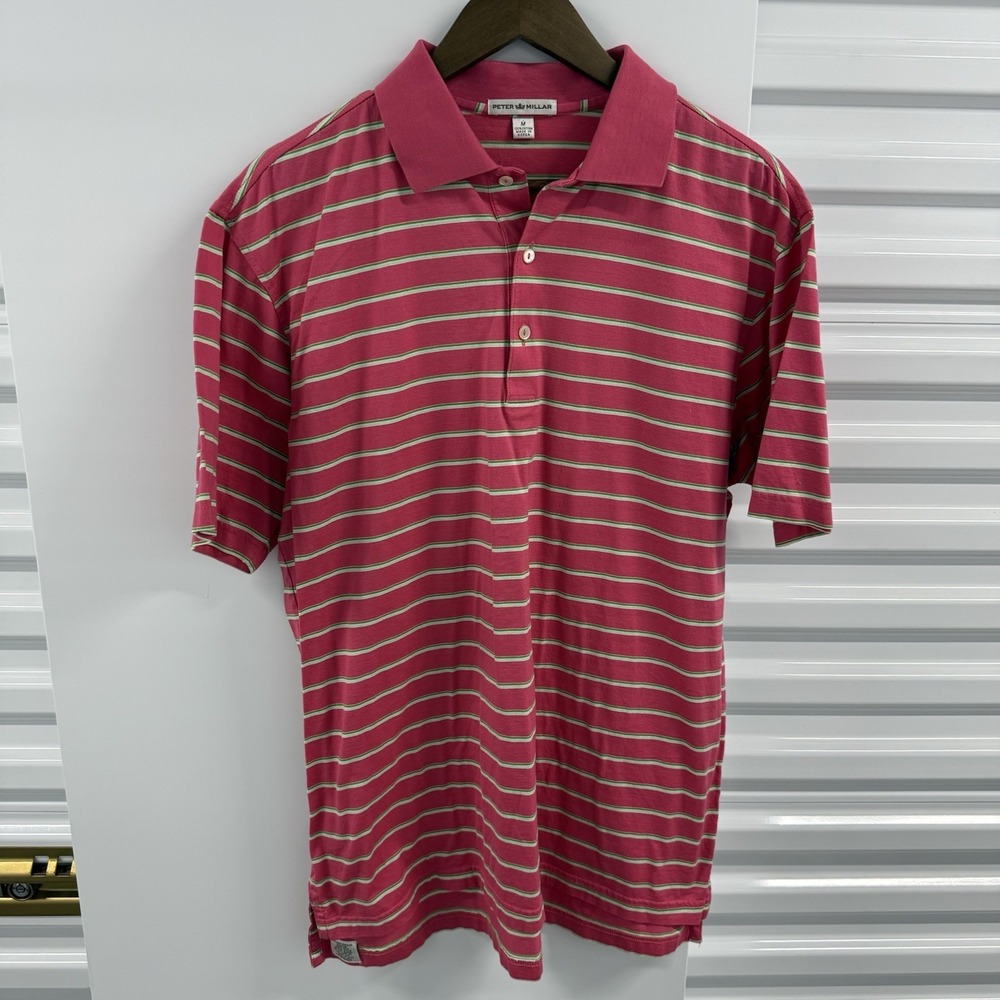Vintage Peter Millar Polo Shirt Mens M Pink Green Striped Cotton Golf Preppy